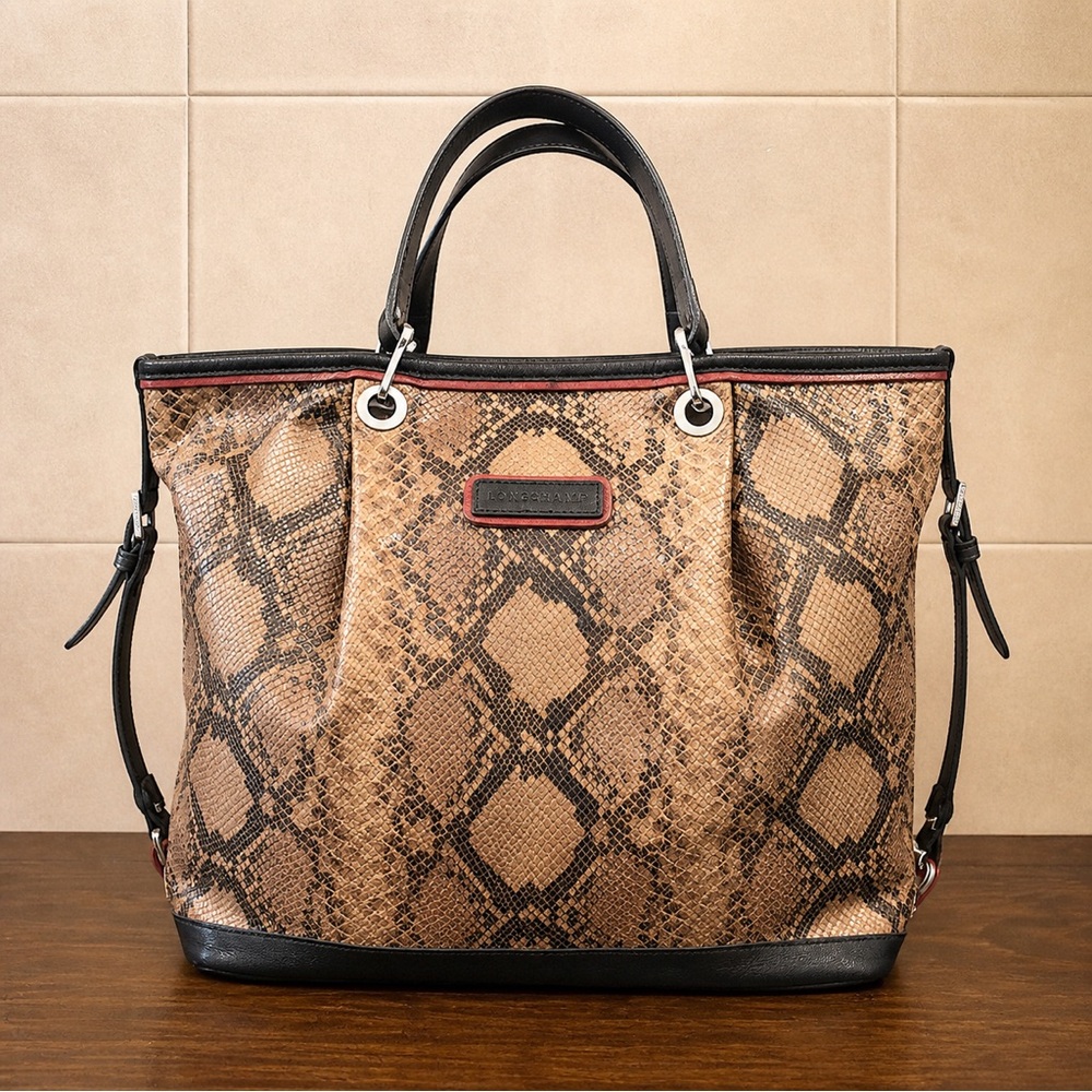 LONGCHAMP Python Leather Snakeskin Shoulder Bag with Key Chain & Silver Hardware